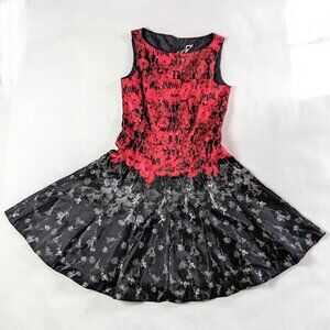 Julian Taylor Floral Print Black and Red Midi Dress Pleated A-Line Size 8